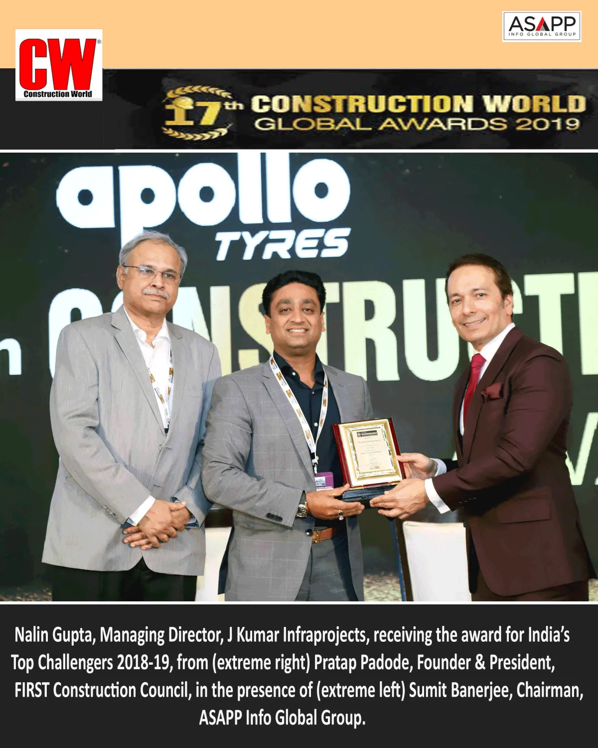 17th Construction World Global Awards For Being one Of India's Top Challengers. Awarded By First Construction Council