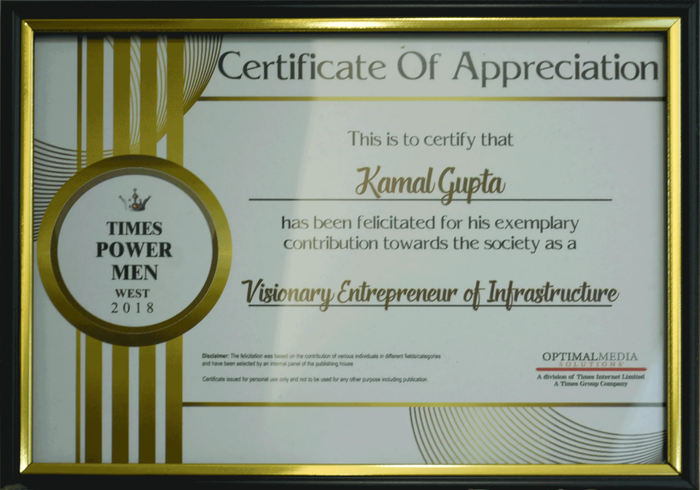 Times Power Men West 2018 awarded for Visionary Entrepreneur of Infrastructure