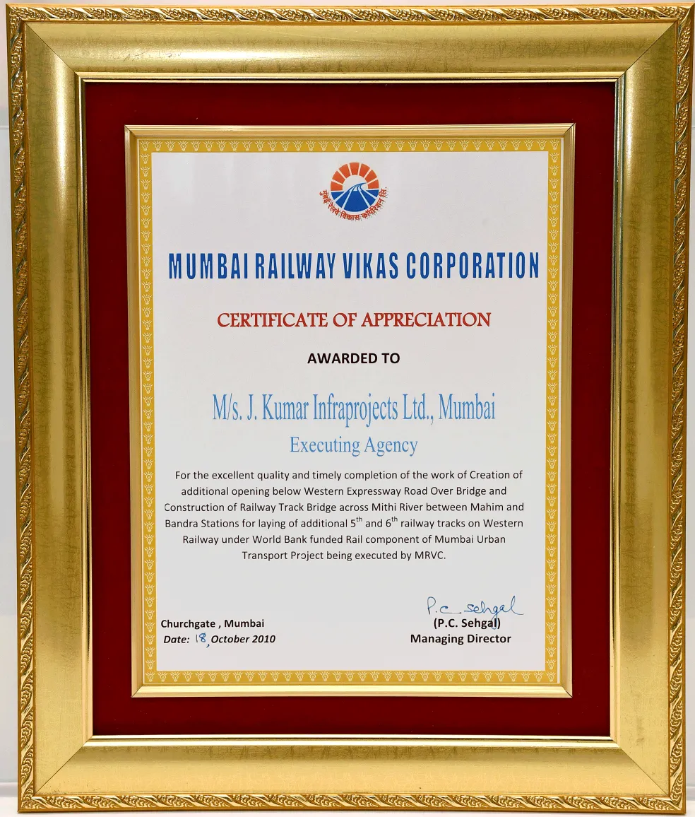 Certificate of Appreciation 2010 Mumbai Rail Vikas Corporation