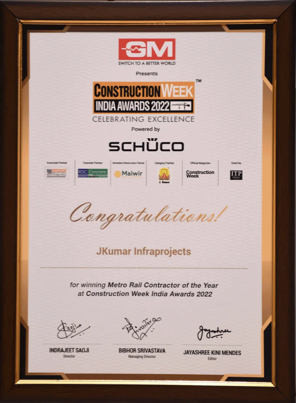 Winner of Metro Rail Contractor of The Year 2022 Awarded By Construction Week India