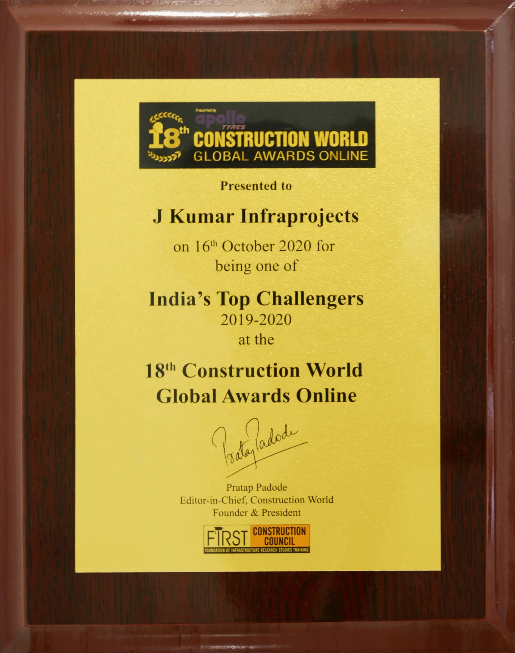 18th Construction World Global Awards For Being one Of India's Top Challengers 2019-2020